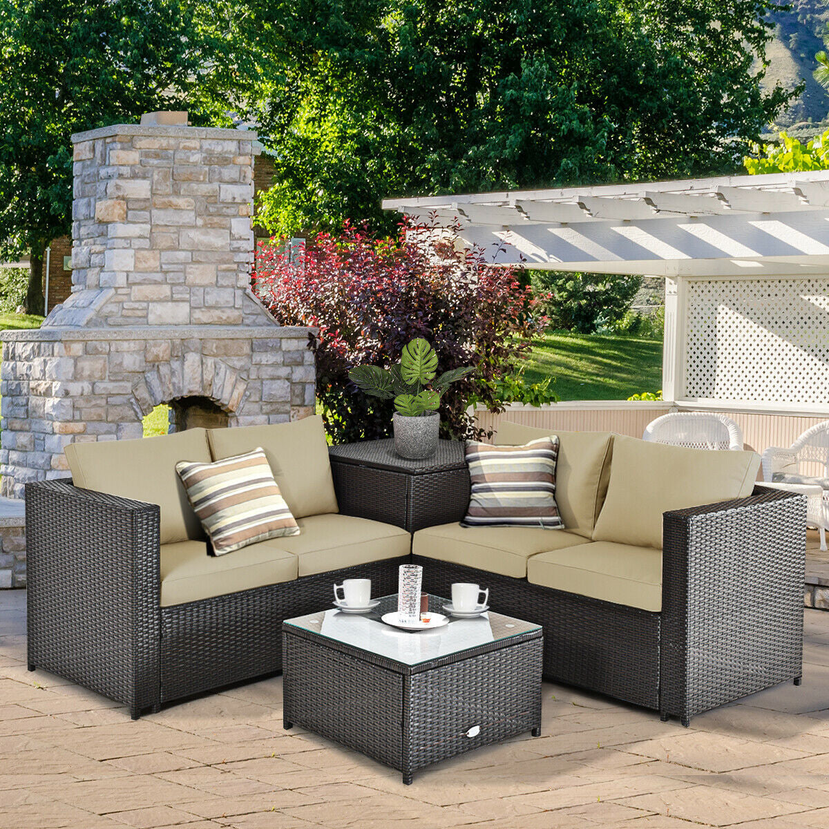 4 Pieces Outdoor Patio Rattan Furniture Set with Cushions and Storage Box