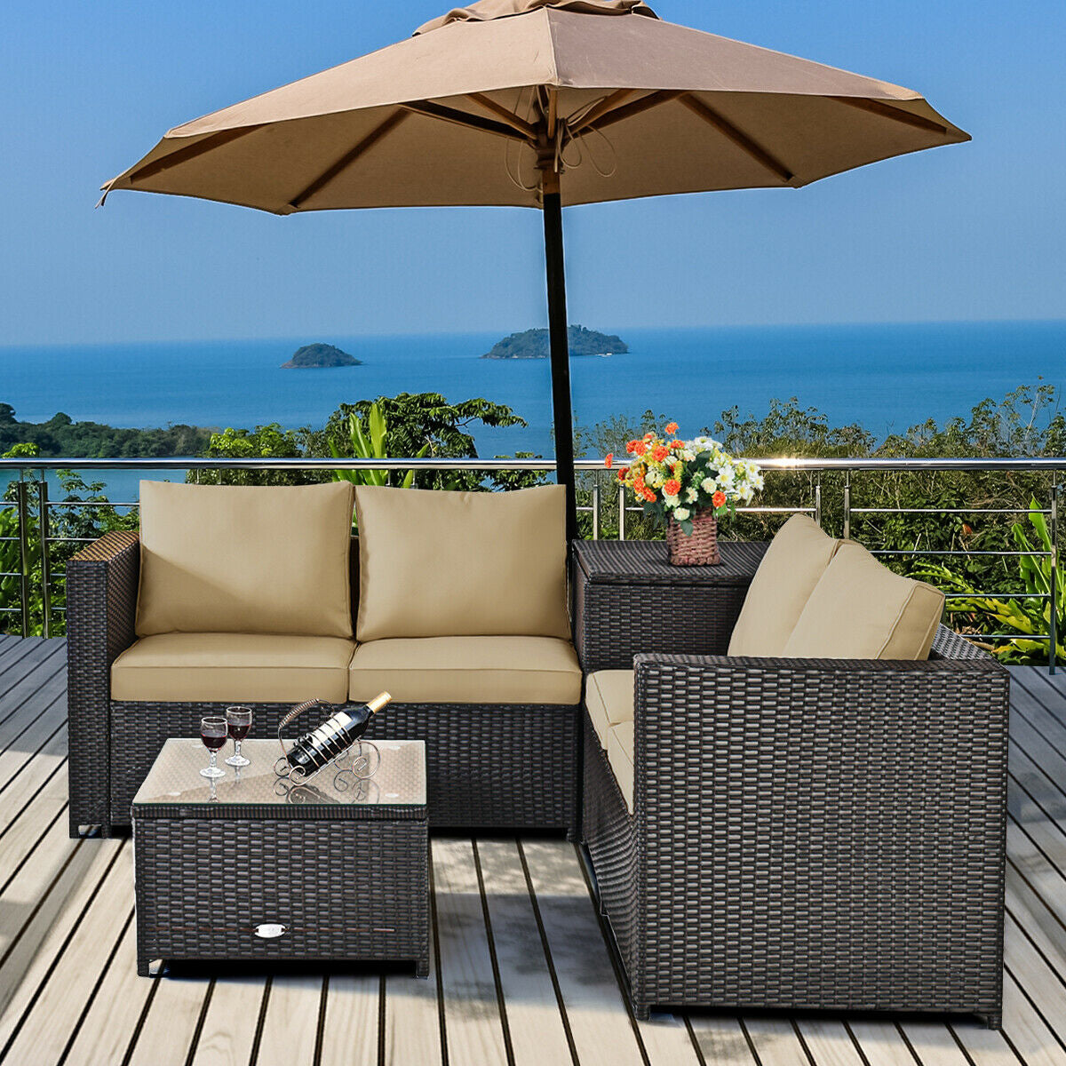 4 Pieces Outdoor Patio Rattan Furniture Set with Cushions and Storage Box