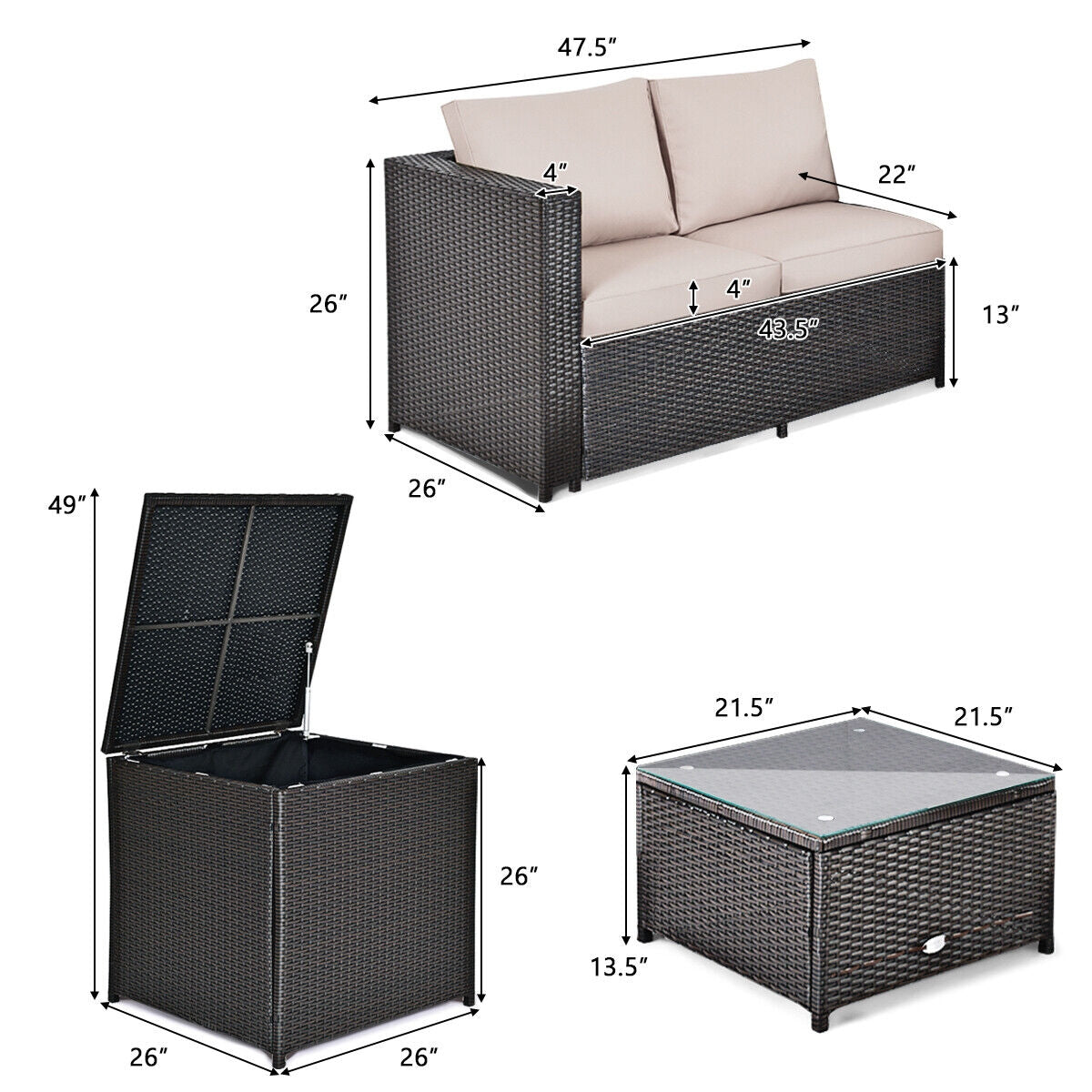 4 Pieces Outdoor Patio Rattan Furniture Set with Cushions and Storage Box