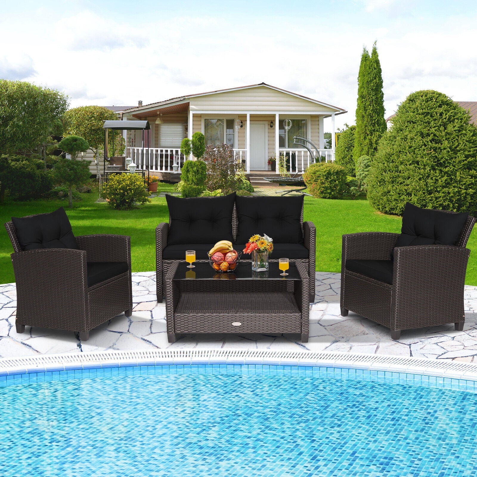 4 Pieces Outdoor Rattan Armrest Furniture Set Table with Lower Shelf