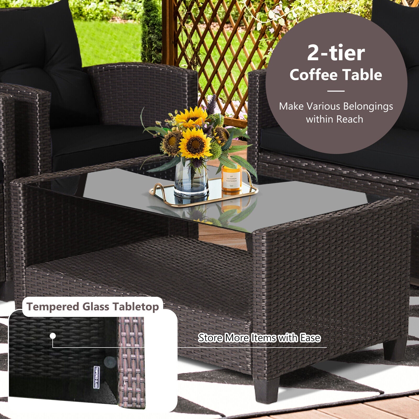 4 Pieces Outdoor Rattan Armrest Furniture Set Table with Lower Shelf