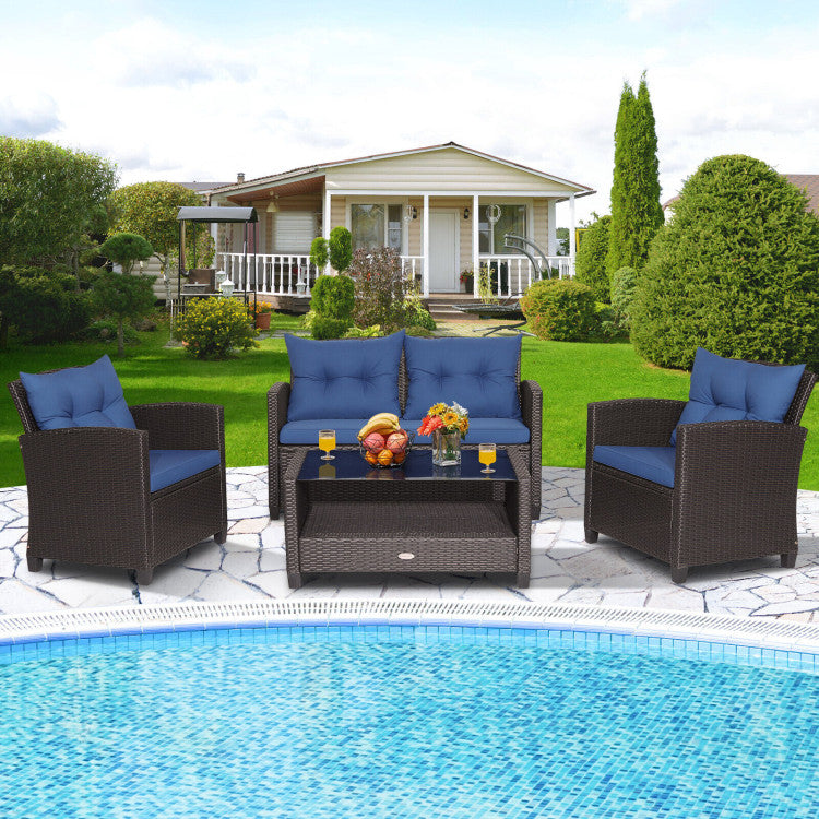 4 Pieces Outdoor Rattan Armrest Furniture Set Table with Lower Shelf