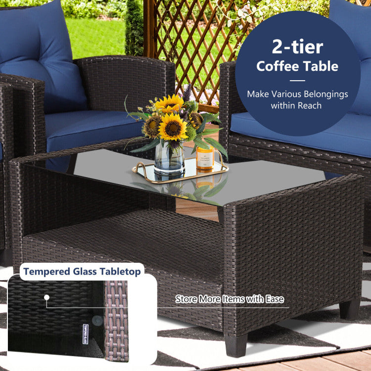 4 Pieces Outdoor Rattan Armrest Furniture Set Table with Lower Shelf