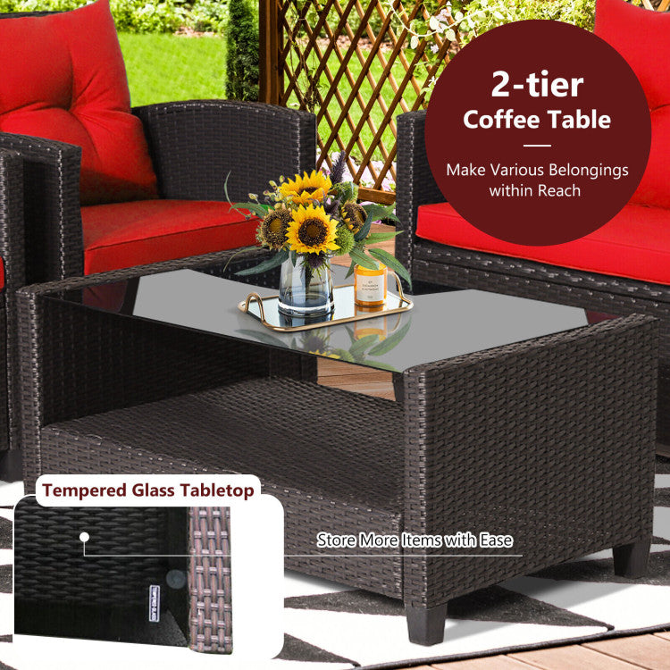 4 Pieces Outdoor Rattan Armrest Furniture Set Table with Lower Shelf