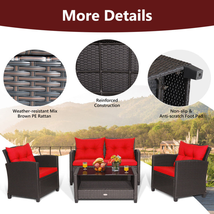 4 Pieces Outdoor Rattan Armrest Furniture Set Table with Lower Shelf