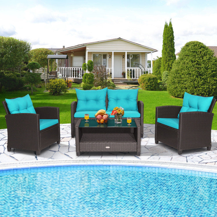 4 Pieces Outdoor Rattan Armrest Furniture Set Table with Lower Shelf