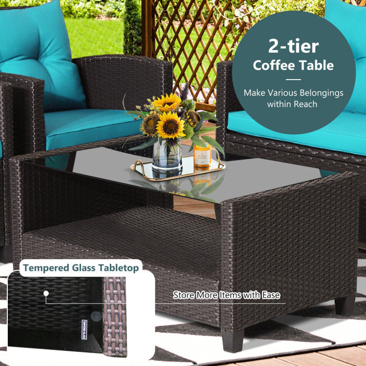 4 Pieces Outdoor Rattan Armrest Furniture Set Table with Lower Shelf