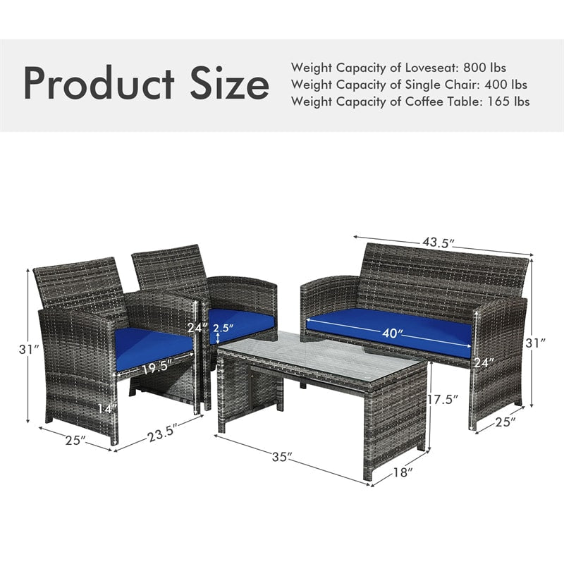 4 Pieces Wicker Patio Conversation Set Outdoor Rattan Chair Furniture with Cushions & Tempered Glass Coffee Table