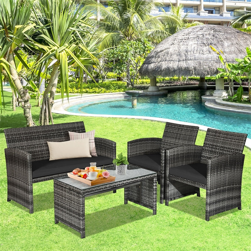 4 Pieces Wicker Patio Conversation Set Outdoor Rattan Chair Furniture with Cushions & Tempered Glass Coffee Table