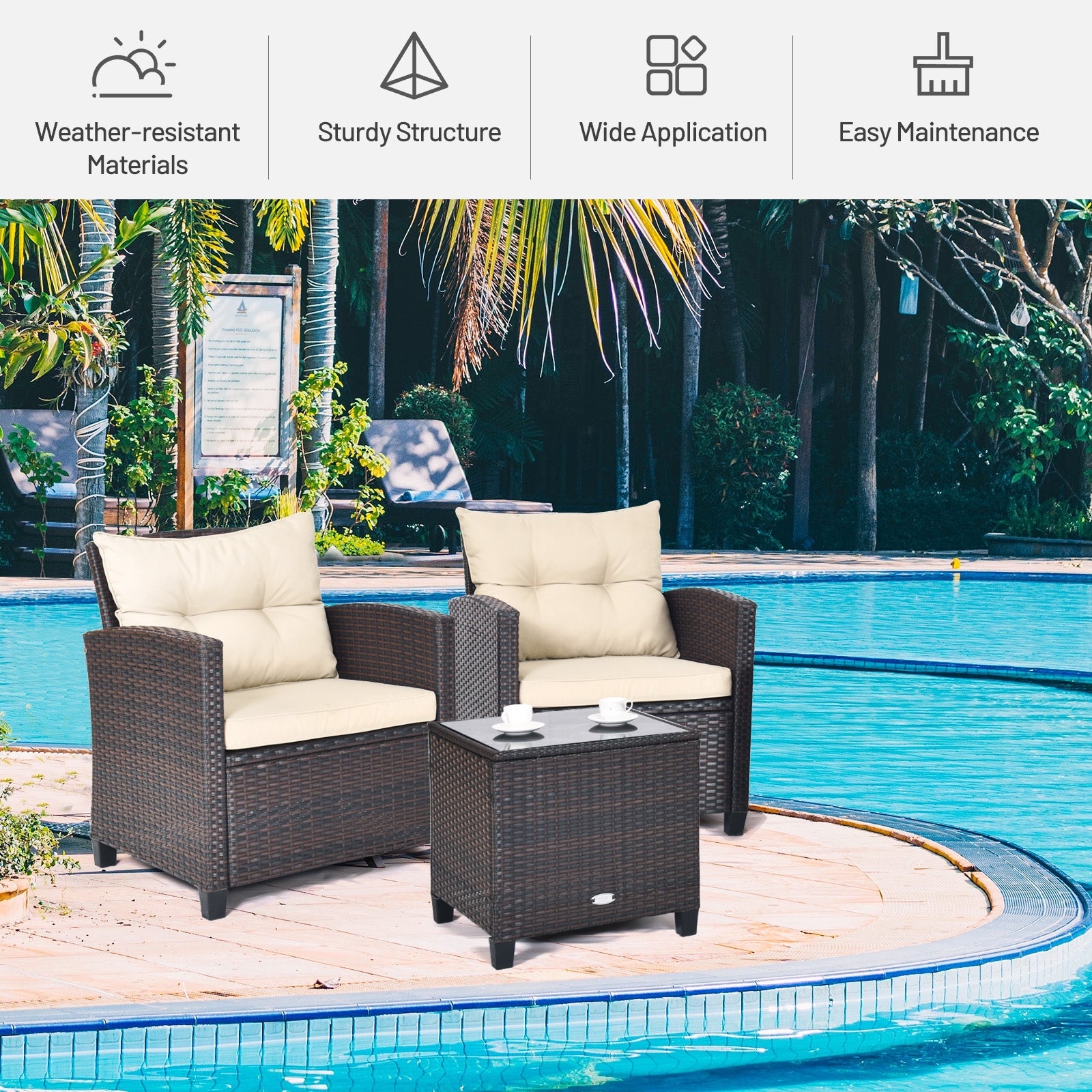 3 Pieces Rattan Patio Furniture Set with Easy-to-clean Cushions