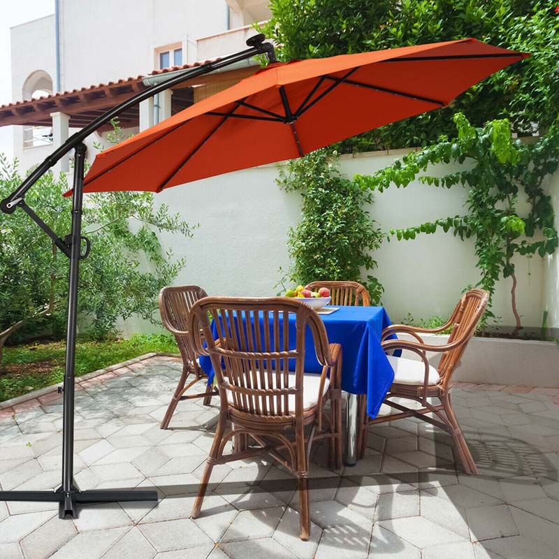 10FT Offset Patio Umbrella Solar Powered LED Outdoor Market Umbrella 360 Degree Rotation with Crank Handle & Cross Base