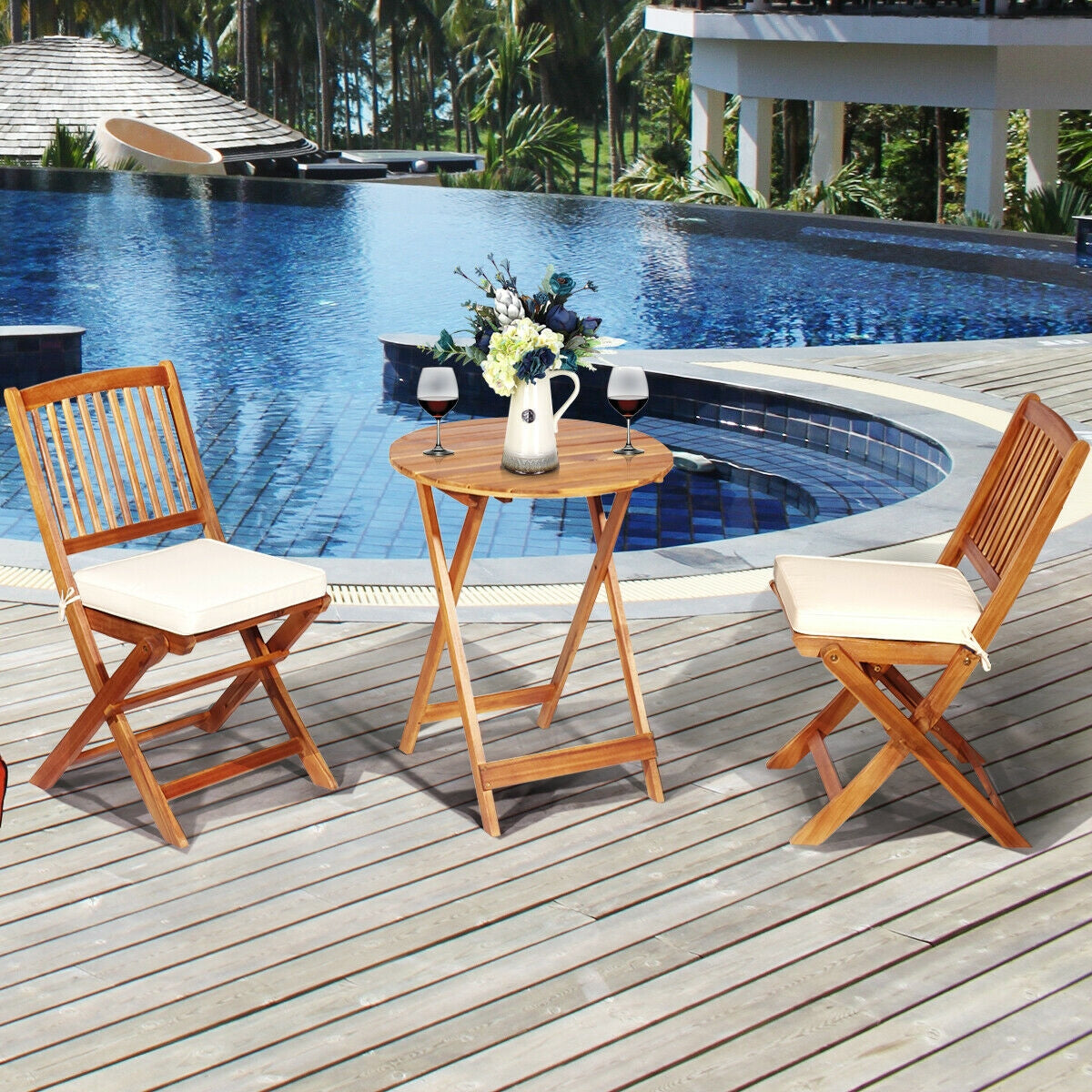 3 Pieces Patio Folding Wooden Bistro Set Cushioned Chair