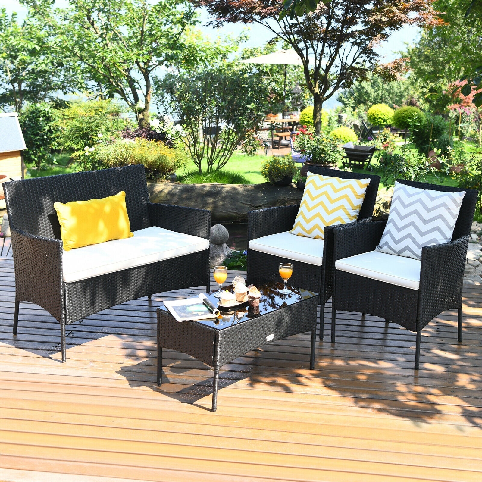 4 Pieces Patio Rattan Cushioned Sofa Set with Tempered Glass Coffee Table