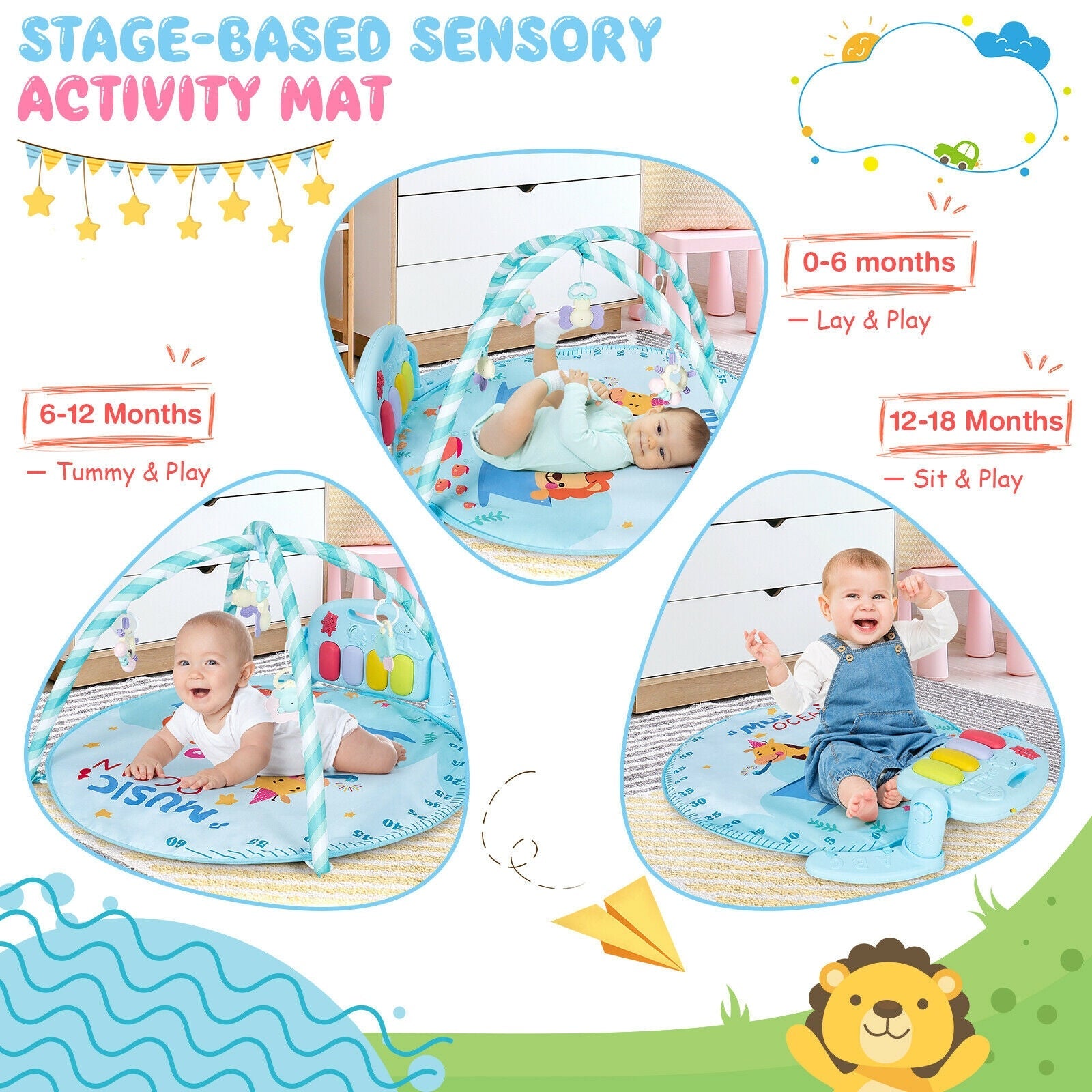 Baby Activity Play Mat with 5 Hanging Sensory Toys and Cushion