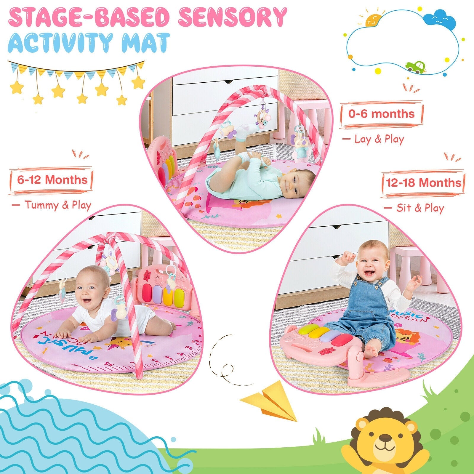 Baby Activity Play Mat with 5 Hanging Sensory Toys and Cushion