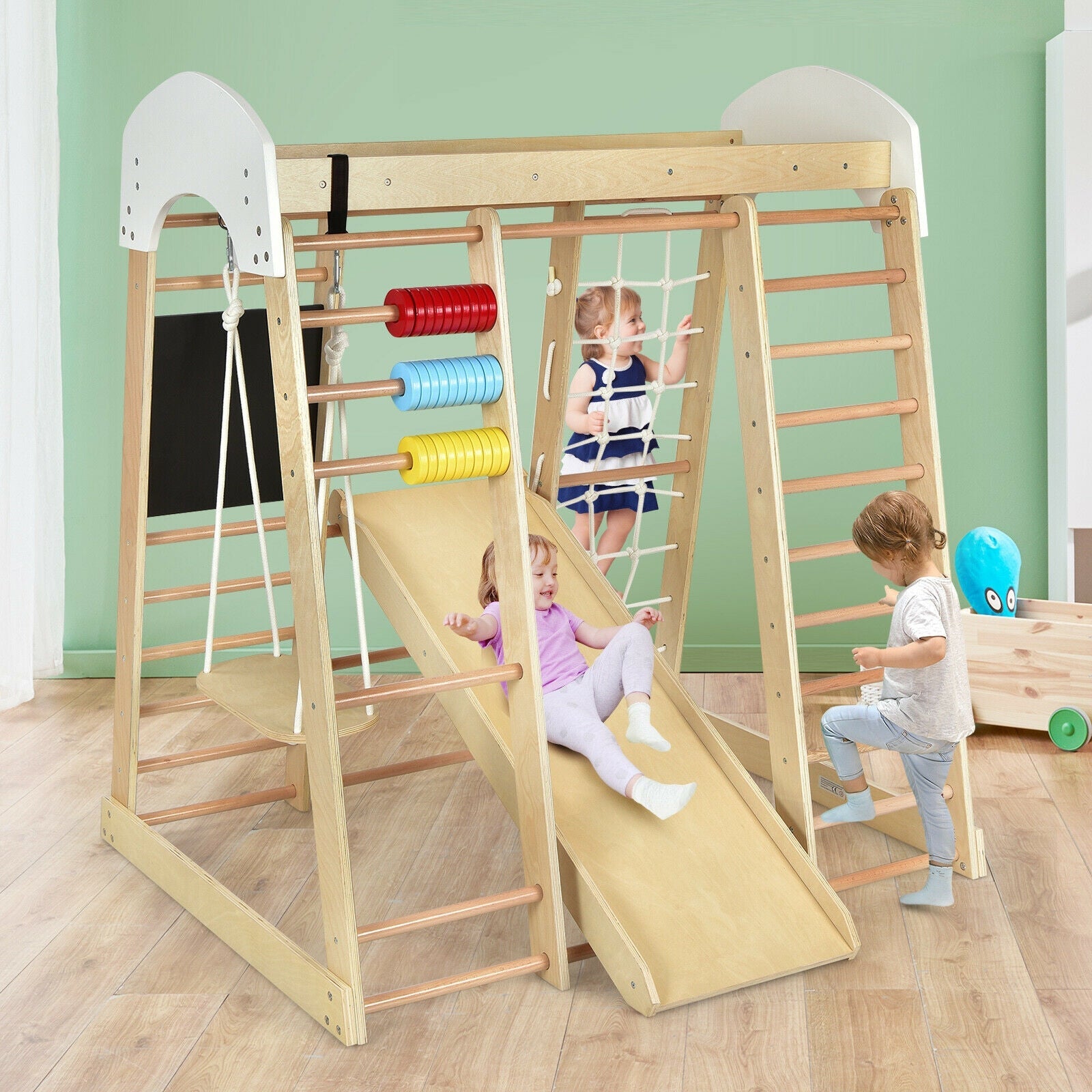 Indoor Playground Climbing Gym Wooden 8 in 1 Climber Playset for Children