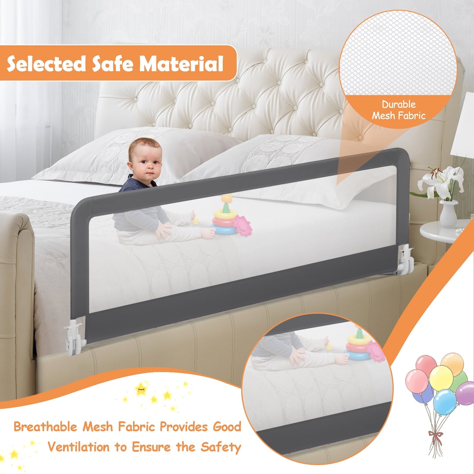 59 Inch Folding Breathable Baby Toddlers Bed Rail Guard with Safety Strap