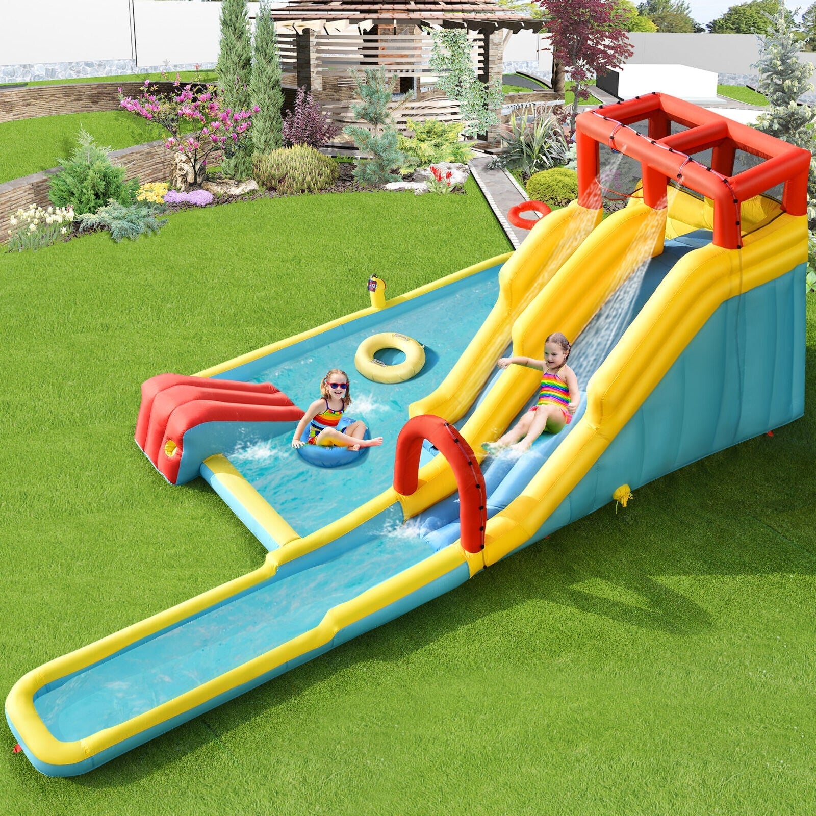 7-in-1 Inflatable Dual Slide Water Park Climbing Bouncer with 735W Air Blower