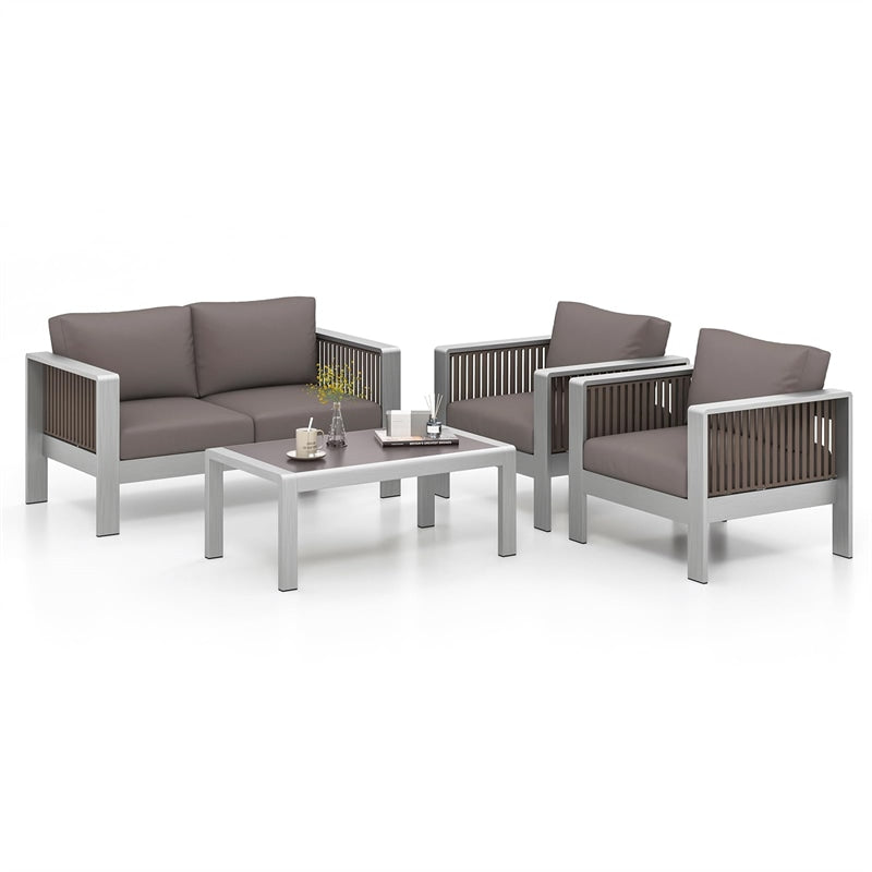 4 Piece Aluminum Patio Furniture Set Modern Outdoor Loveseat Single Sofa Set with Thick Cushions & Tempered Glass Tabletop