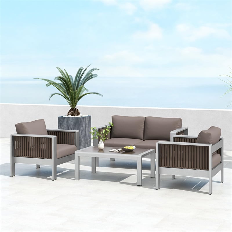 4 Piece Aluminum Patio Furniture Set Modern Outdoor Loveseat Single Sofa Set with Thick Cushions & Tempered Glass Tabletop