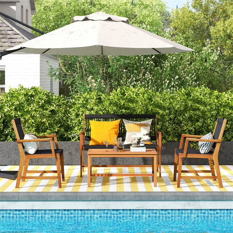 4pcs Acacia Wood Patio Chat Set with Coffee Table & Hand-Woven Rope Loveseat Chairs