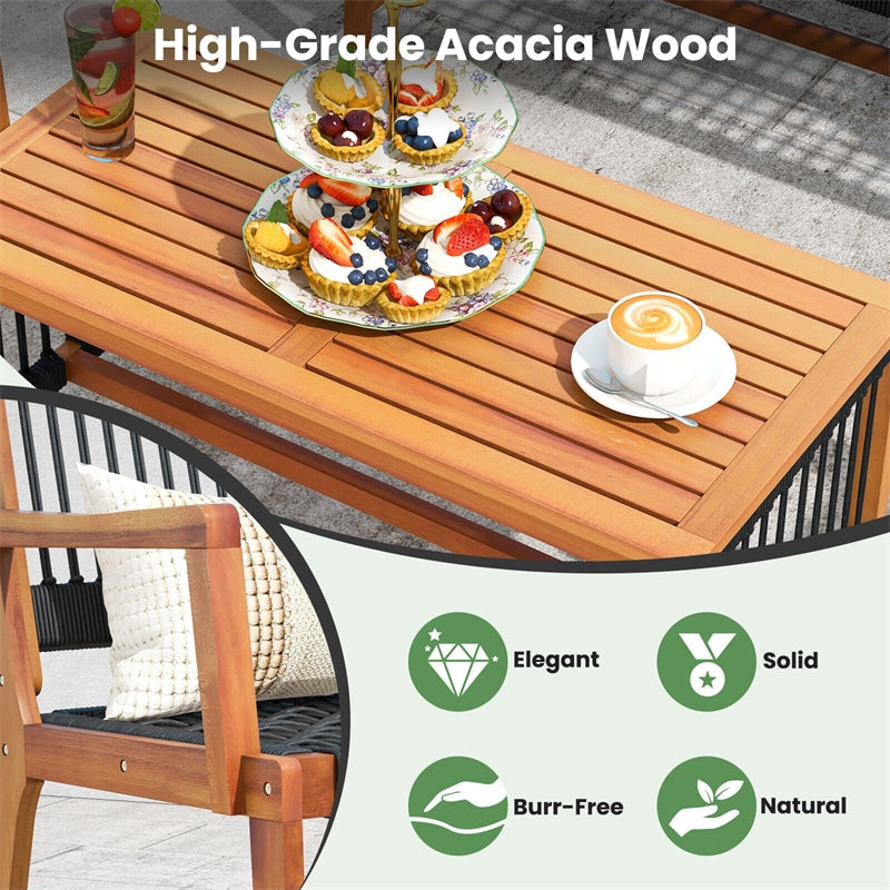 4pcs Acacia Wood Patio Chat Set with Coffee Table & Hand-Woven Rope Loveseat Chairs