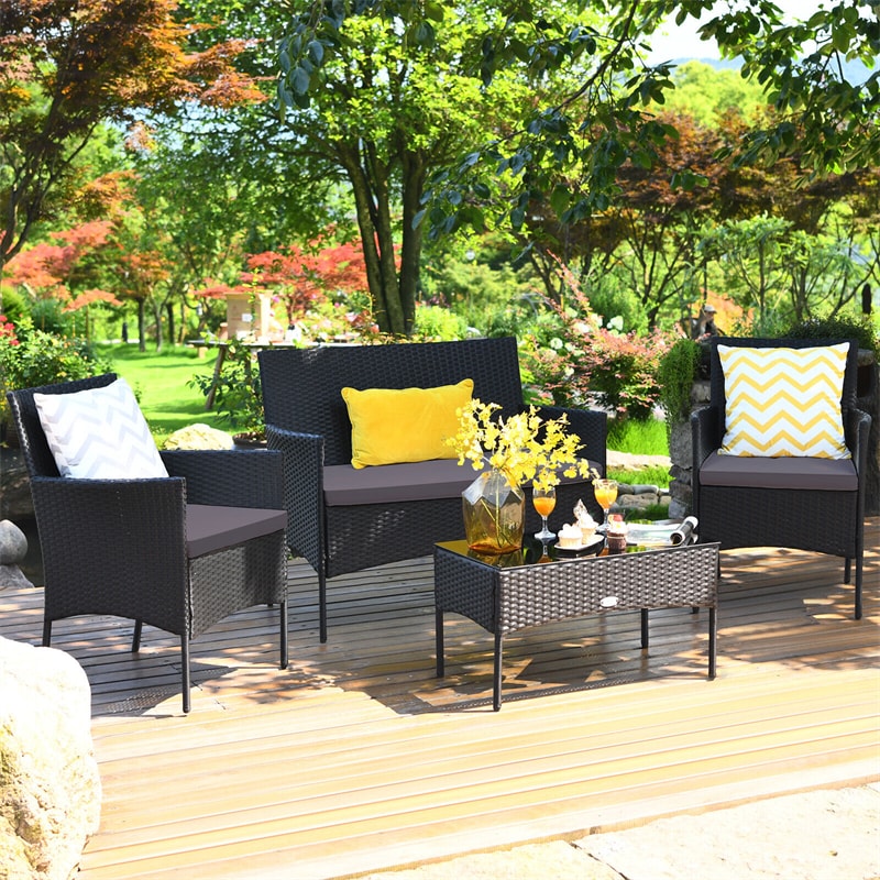 4 PCS Outdoor Wicker Conversation Set Rattan Loveseat Chair with Coffee Table & 6 Seat Cushion Covers