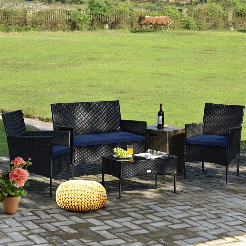 4 PCS Outdoor Wicker Conversation Set Rattan Loveseat Chair with Coffee Table & 6 Seat Cushion Covers