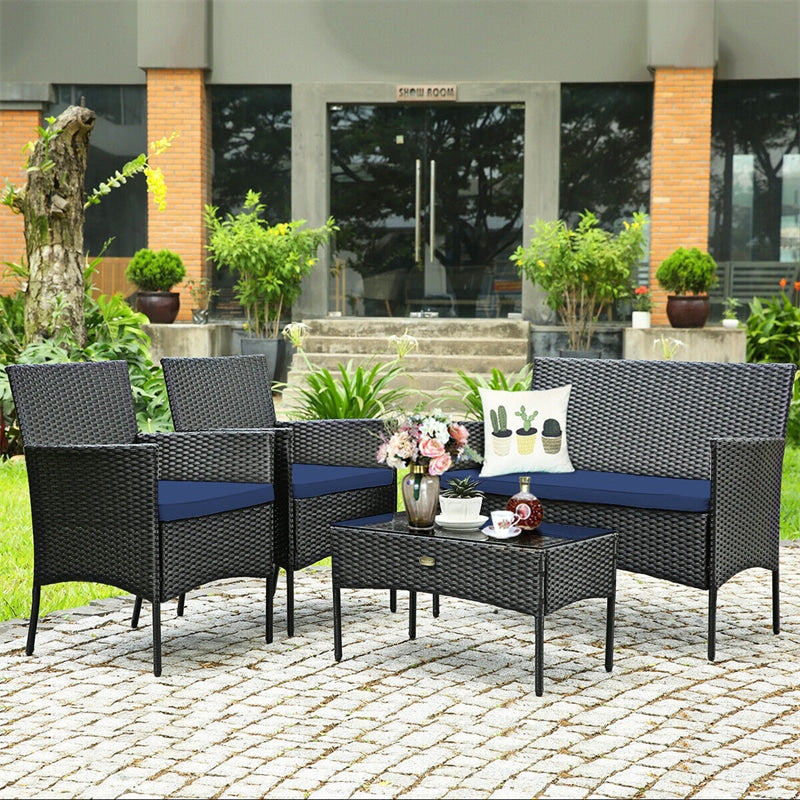 4 PCS Outdoor Wicker Conversation Set Rattan Loveseat Chair with Coffee Table & 6 Seat Cushion Covers