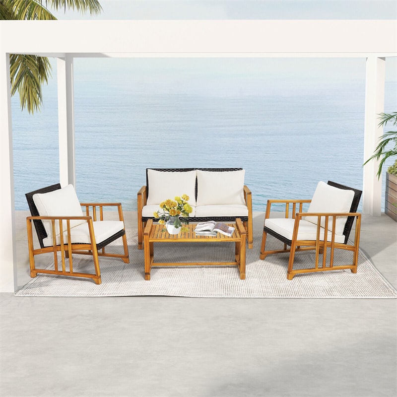 4 Piece Wicker Patio Conversation Set Acacia Wood Frame Rattan Outdoor Sofa Set with Seat & Back Cushions