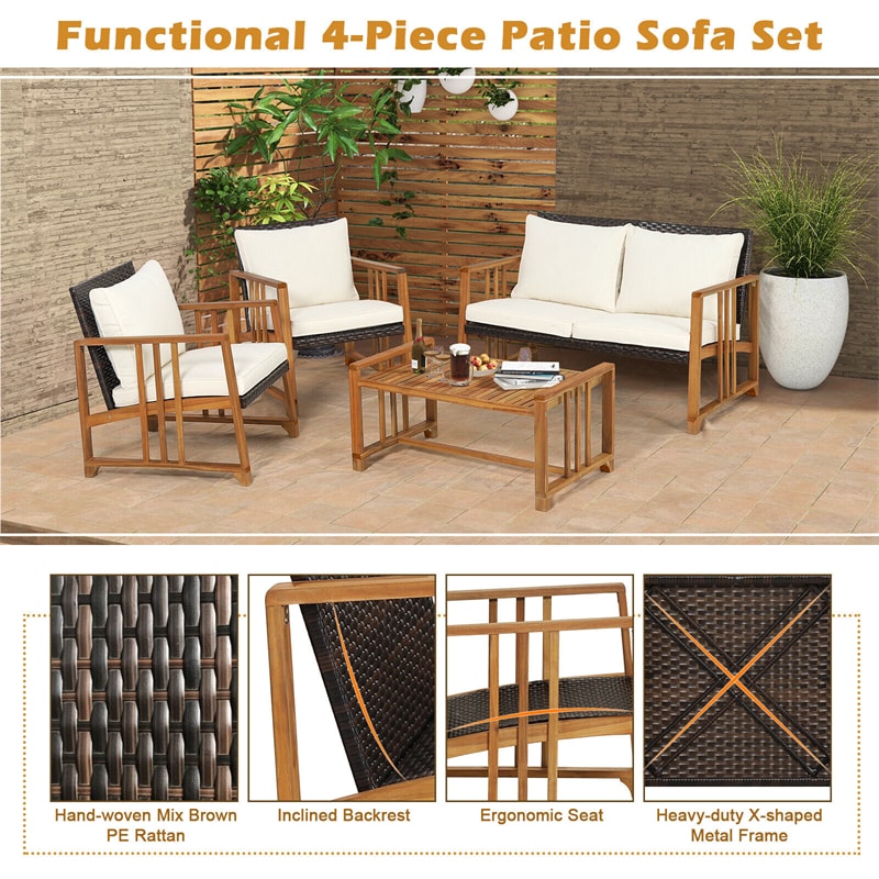 4 Piece Wicker Patio Conversation Set Acacia Wood Frame Rattan Outdoor Sofa Set with Seat & Back Cushions