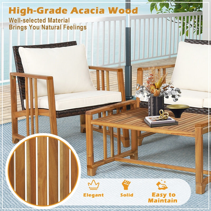 4 Piece Wicker Patio Conversation Set Acacia Wood Frame Rattan Outdoor Sofa Set with Seat & Back Cushions