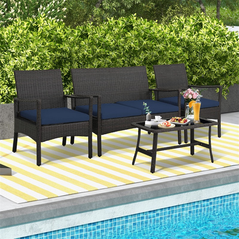 4 Piece Patio Rattan Conversation Set Wicker Chairs Loveseat with Seat Cushions & Tempered Glass Coffee Table