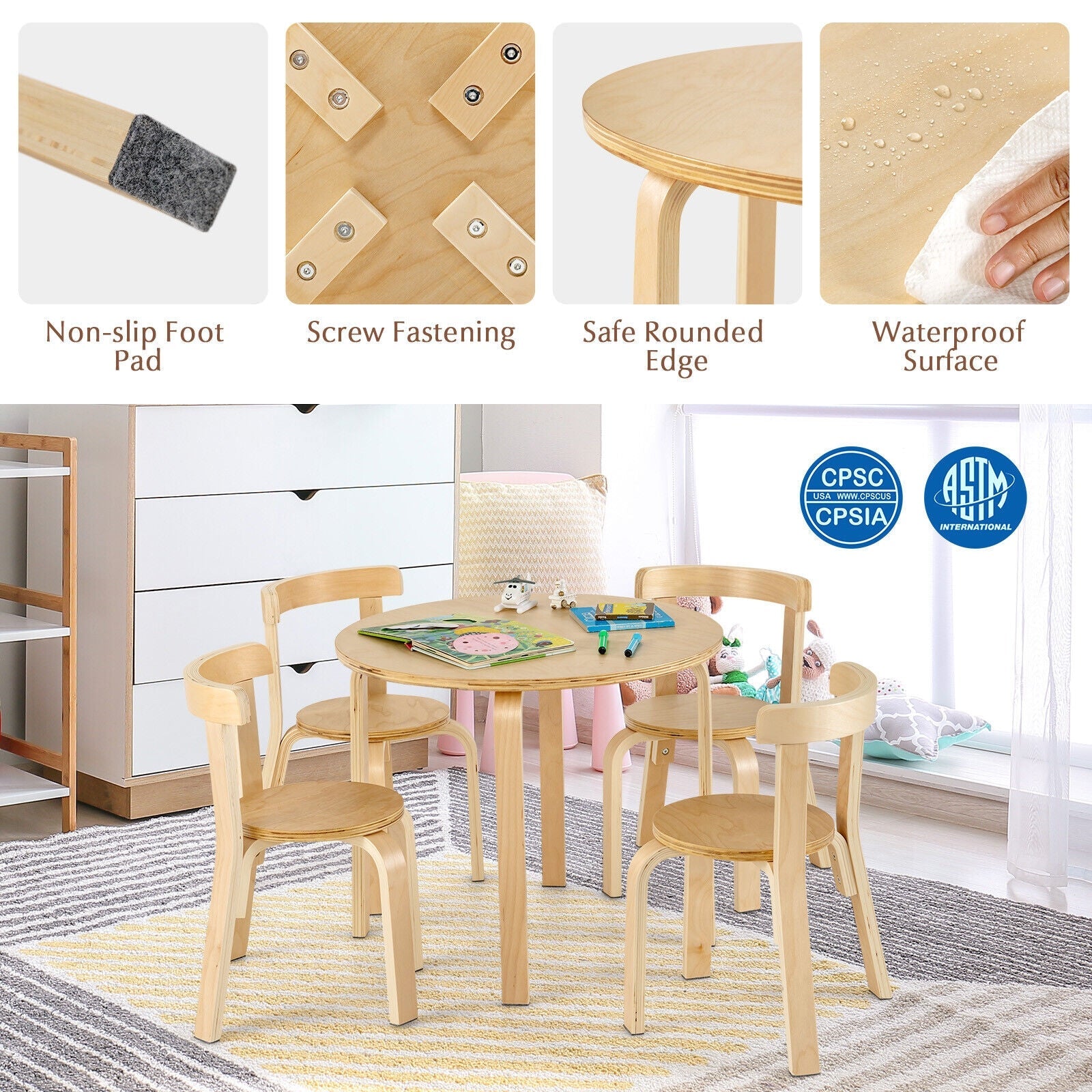5-Piece Wooden Activity Table and Chair Set with Toy Bricks for Kids