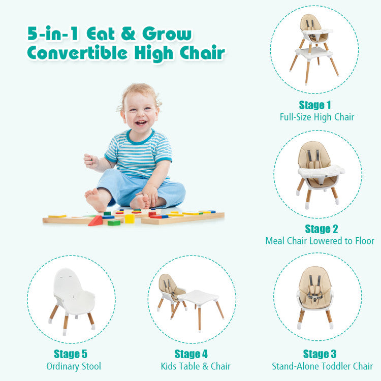 5-in-1 Baby Convertible Wooden High Chair with Detachable Tray and Seat Belt