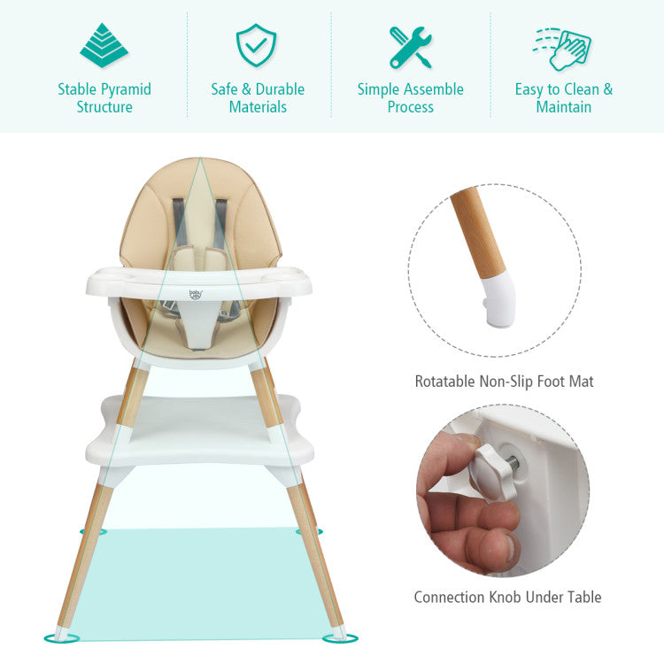 5-in-1 Baby Convertible Wooden High Chair with Detachable Tray and Seat Belt