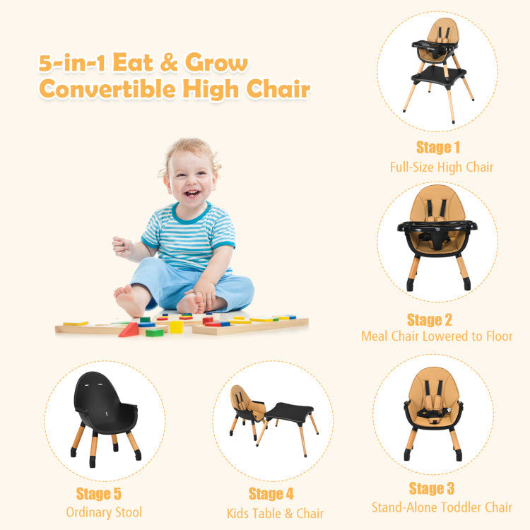 5-in-1 Baby Convertible Wooden High Chair with Detachable Tray and Seat Belt