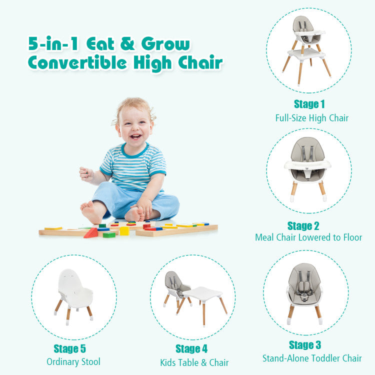 5-in-1 Baby Convertible Wooden High Chair with Detachable Tray and Seat Belt