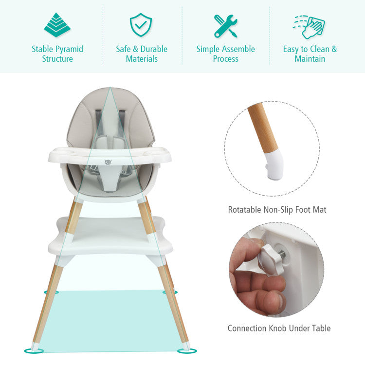 5-in-1 Baby Convertible Wooden High Chair with Detachable Tray and Seat Belt