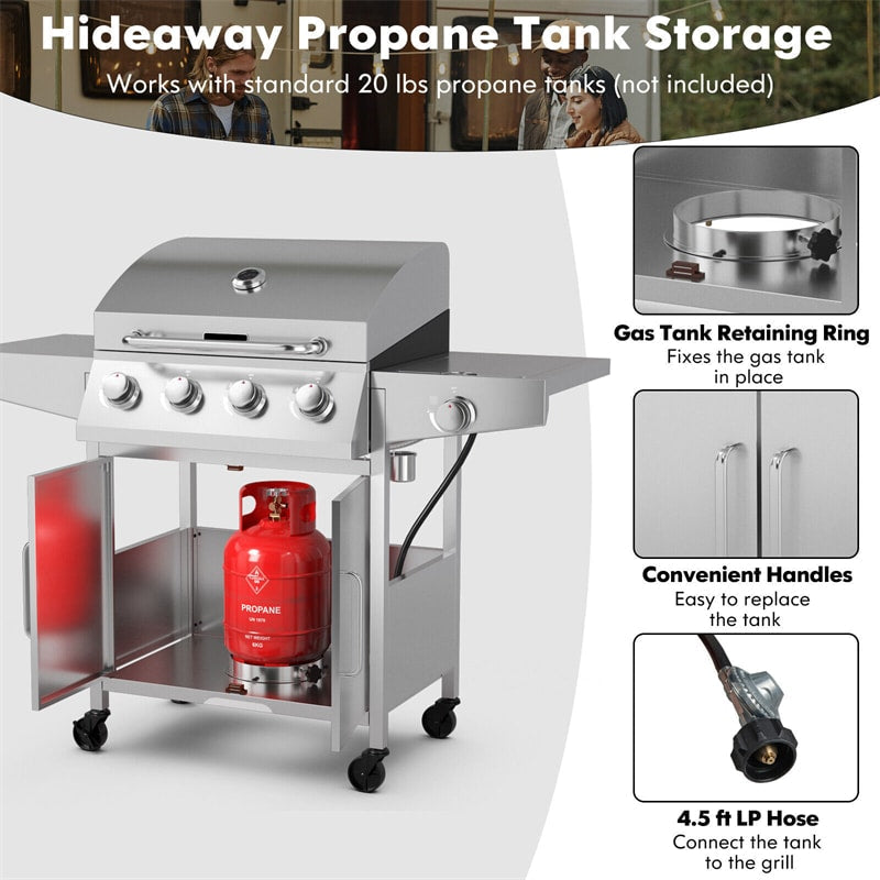 5-Burner Propane Gas Grill 50,000 BTU Heavy-Duty BBQ Grill with Stainless Steel Side Burner, 2 Prep Tables & 4 Wheels