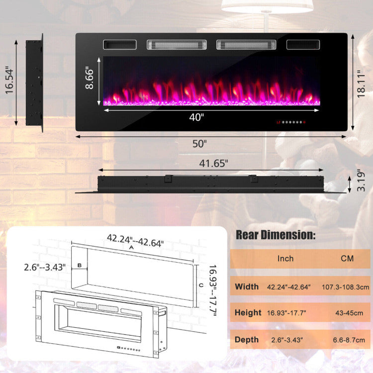 42/50/60/72 Inch 5100 BTU  Ultra-Thin Electric Fireplace with Decorative Crystals