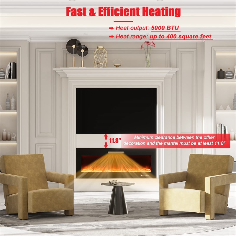 50" Electric Fireplace Insert 5000 BTU Recessed Wall Mounted Fireplace Heater with Decorative Crystal, Dual Control & 9-Level Adjustable Flame