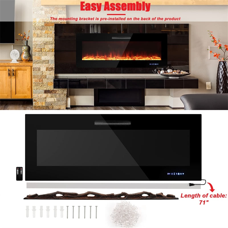 50" Electric Fireplace Insert 5000 BTU Recessed Wall Mounted Fireplace Heater with Decorative Crystal, Dual Control & 9-Level Adjustable Flame