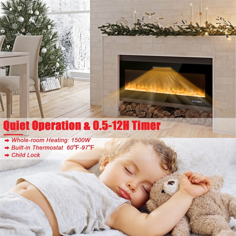 50" Electric Fireplace Insert 5000 BTU Recessed Wall Mounted Fireplace Heater with Decorative Crystal, Dual Control & 9-Level Adjustable Flame