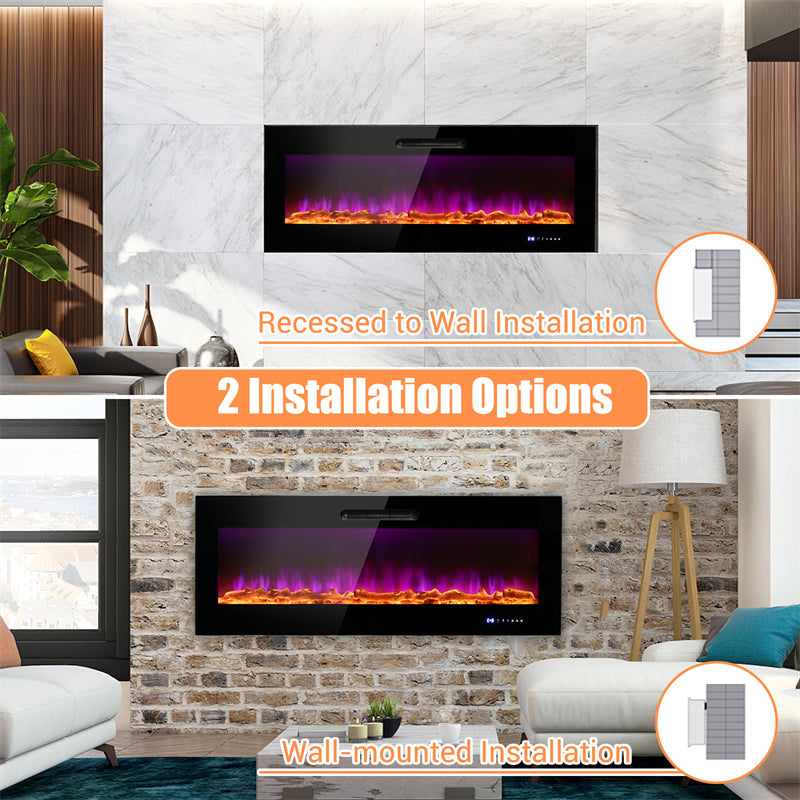 50" Electric Fireplace Insert 5000 BTU Recessed Wall Mounted Fireplace Heater with Decorative Crystal, Dual Control & 9-Level Adjustable Flame