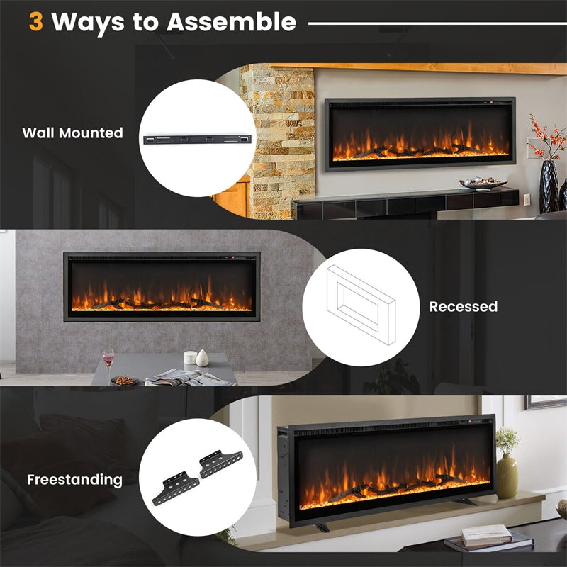 50" Linear Electric Fireplace Wall Mounted Freestanding Recessed Fireplace 1500W Slim Fireplace Heater with Remote Control