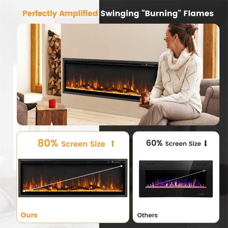 50" Linear Electric Fireplace Wall Mounted Freestanding Recessed Fireplace 1500W Slim Fireplace Heater with Remote Control