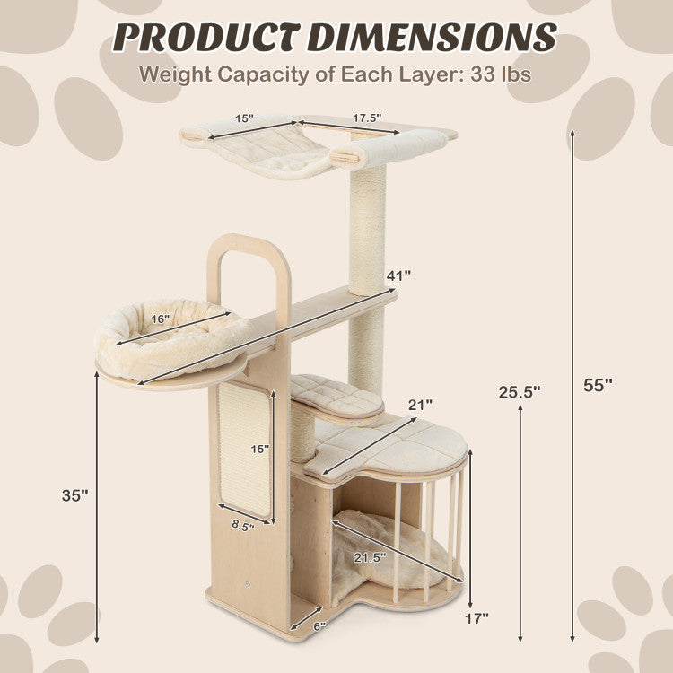 55 Inch Tall Multi-level Cat Tree Tower Condo with Washable Cushions