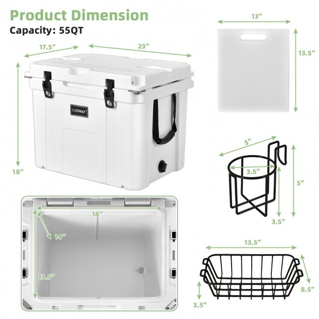 55 Quart Cooler Portable Ice Chest with Cutting Board Basket for Camping & Fishing