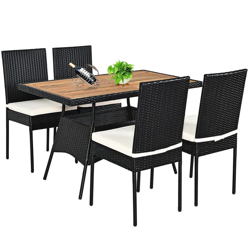 5 Pcs Wicker Patio Dining Set with Acacia Wood Table & Outdoor Rattan Chairs